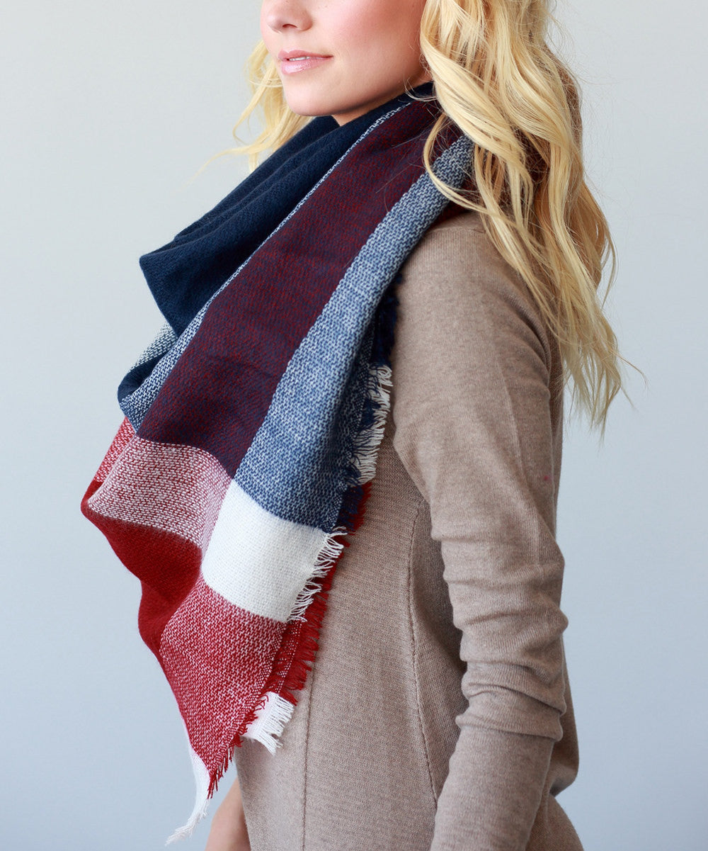 Cozy Days Blanket Scarf (Navy & Red Color Block) - Babe Outfitters