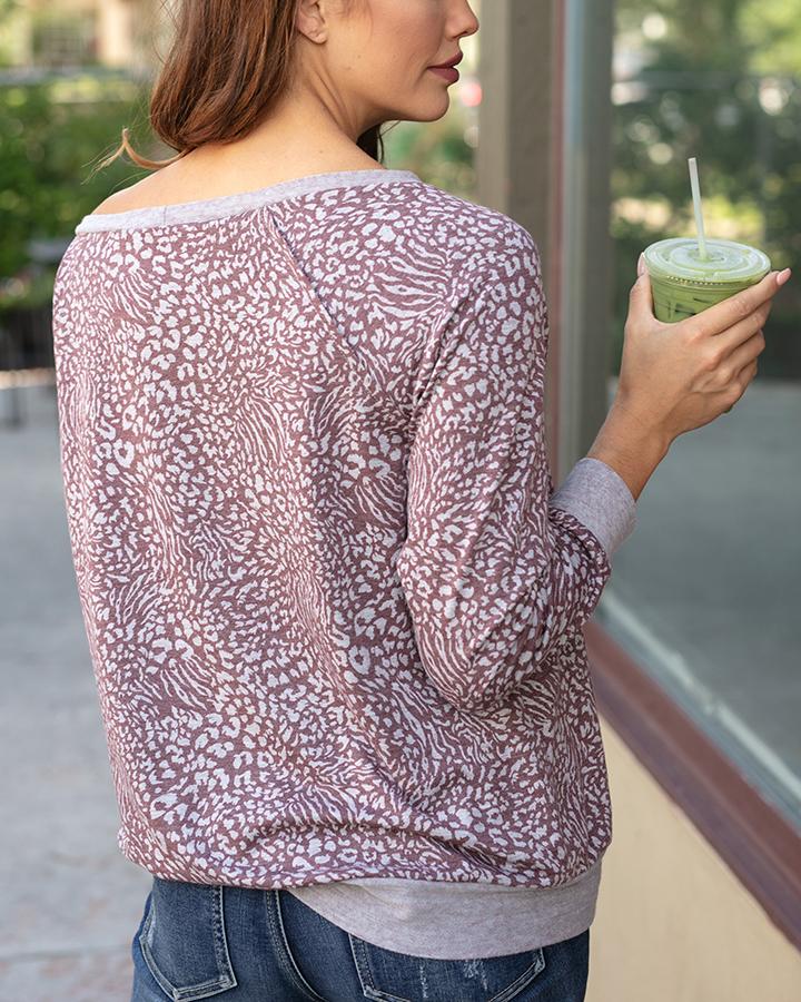 Grace & Lace Slouch Pullover (Wine Animal Print)