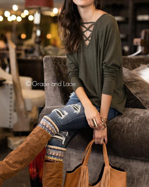 Grace & Lace Criss Cross Raglan Top - Babe Outfitters