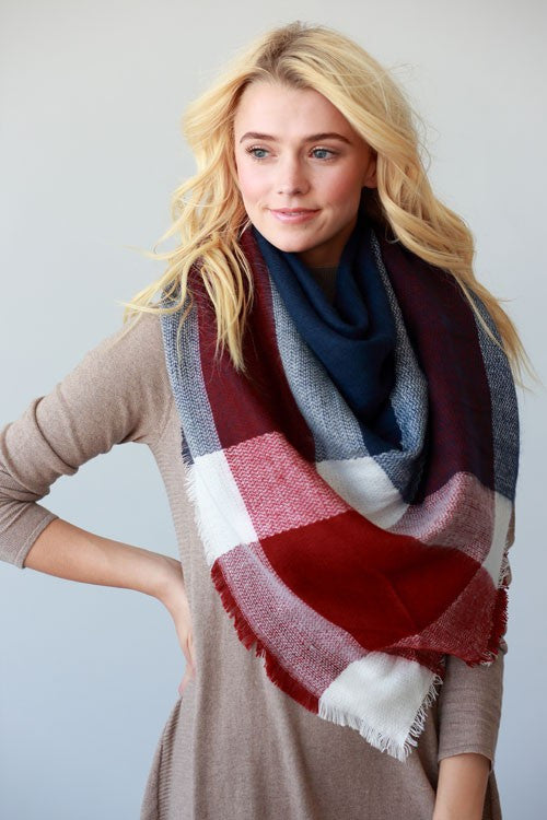 Cozy Days Blanket Scarf (Navy & Red Color Block) - Babe Outfitters