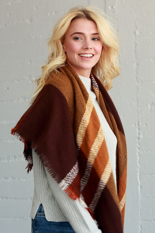 Autumn Feelings Blanket Scarf (Rust & Orange Color Block) - Babe Outfitters