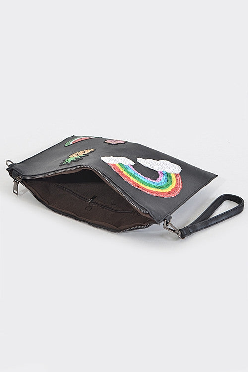 Sequin Patch Zipper Wristlet Clutch (Black) - Babe Outfitters