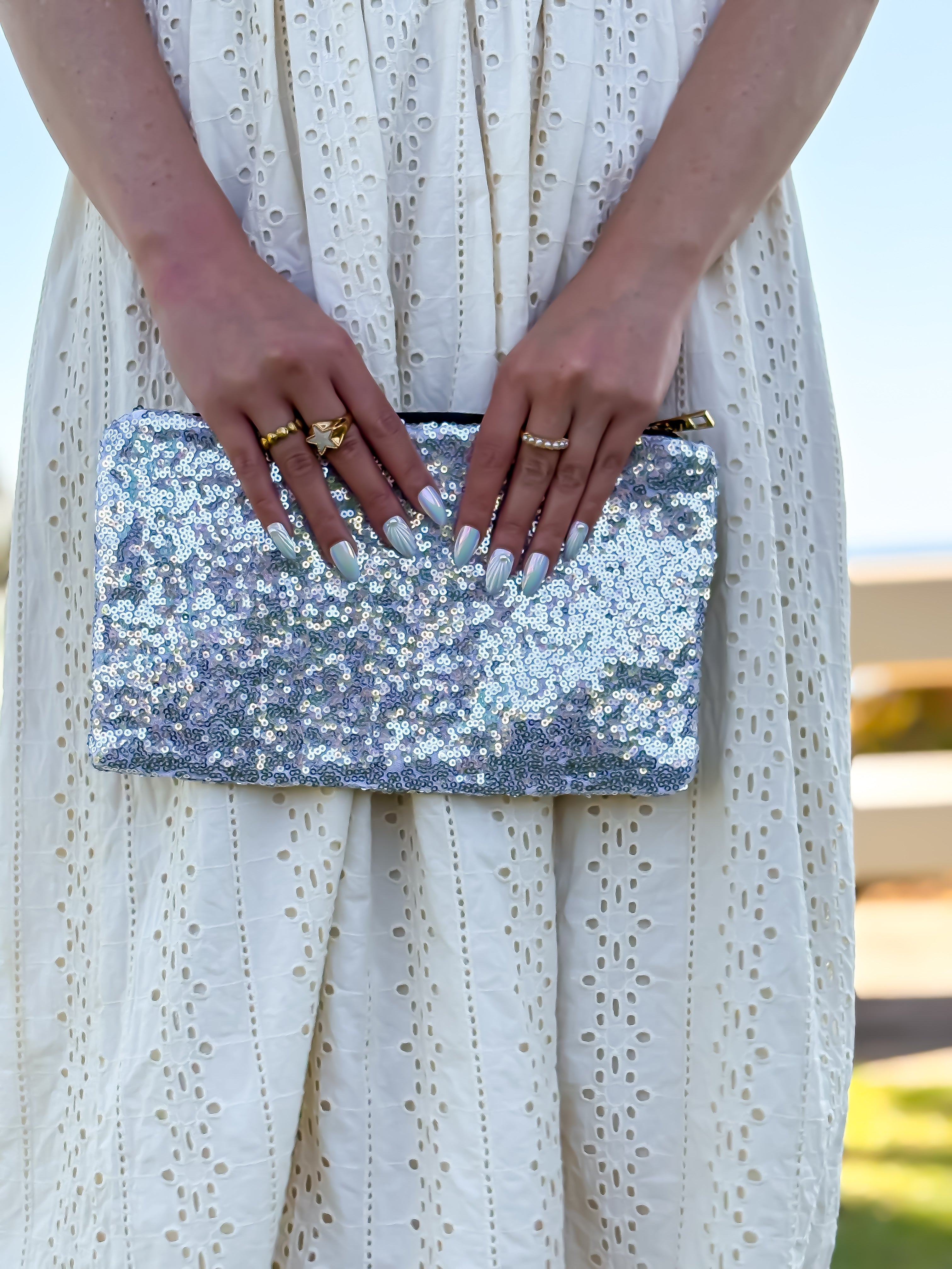 Silver Sequin Tassel Charm Zipper Pouch