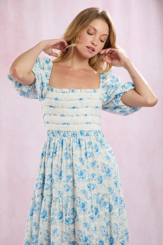 Smocked Lace Trim Puff Sleeve Cotton Maxi Dress