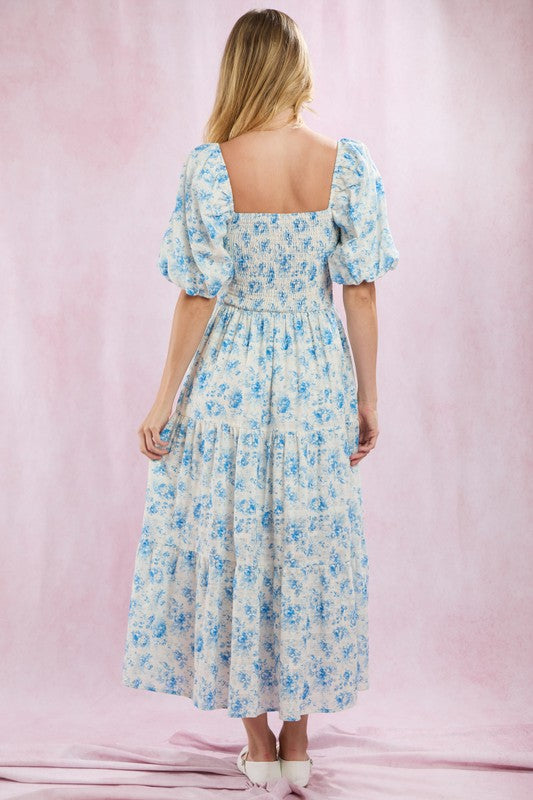 Smocked Lace Trim Puff Sleeve Cotton Maxi Dress