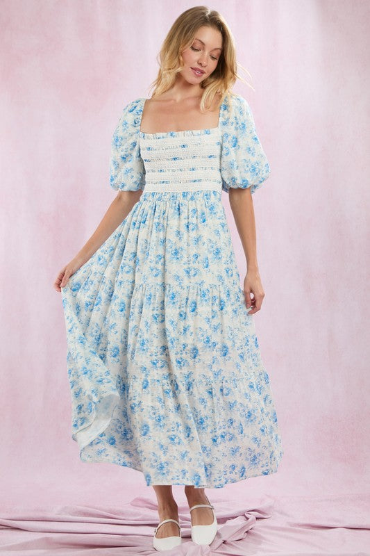 Smocked Lace Trim Puff Sleeve Cotton Maxi Dress