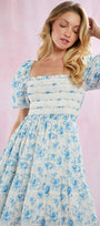 Smocked Lace Trim Puff Sleeve Cotton Maxi Dress