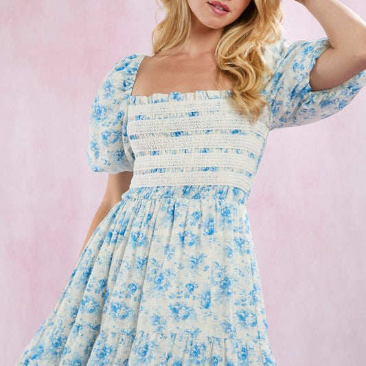 Smocked Lace Trim Puff Sleeve Cotton Maxi Dress