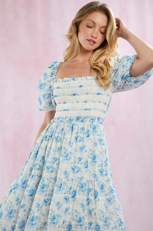 Smocked Lace Trim Puff Sleeve Cotton Maxi Dress