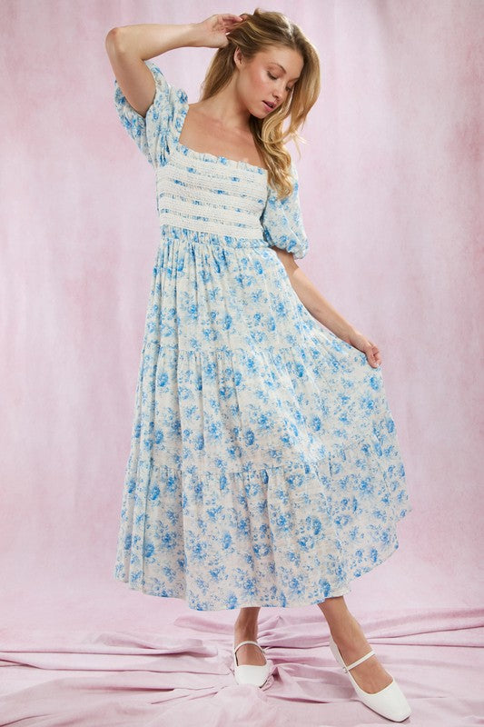 Smocked Lace Trim Puff Sleeve Cotton Maxi Dress