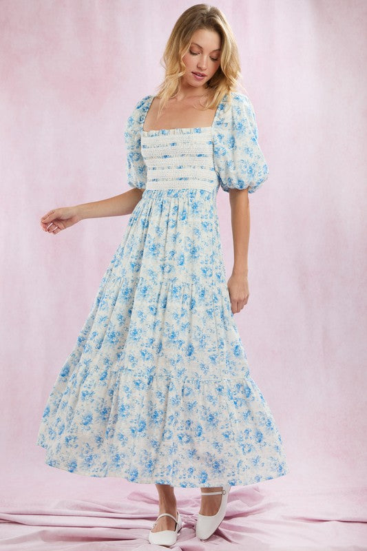 Smocked Lace Trim Puff Sleeve Cotton Maxi Dress