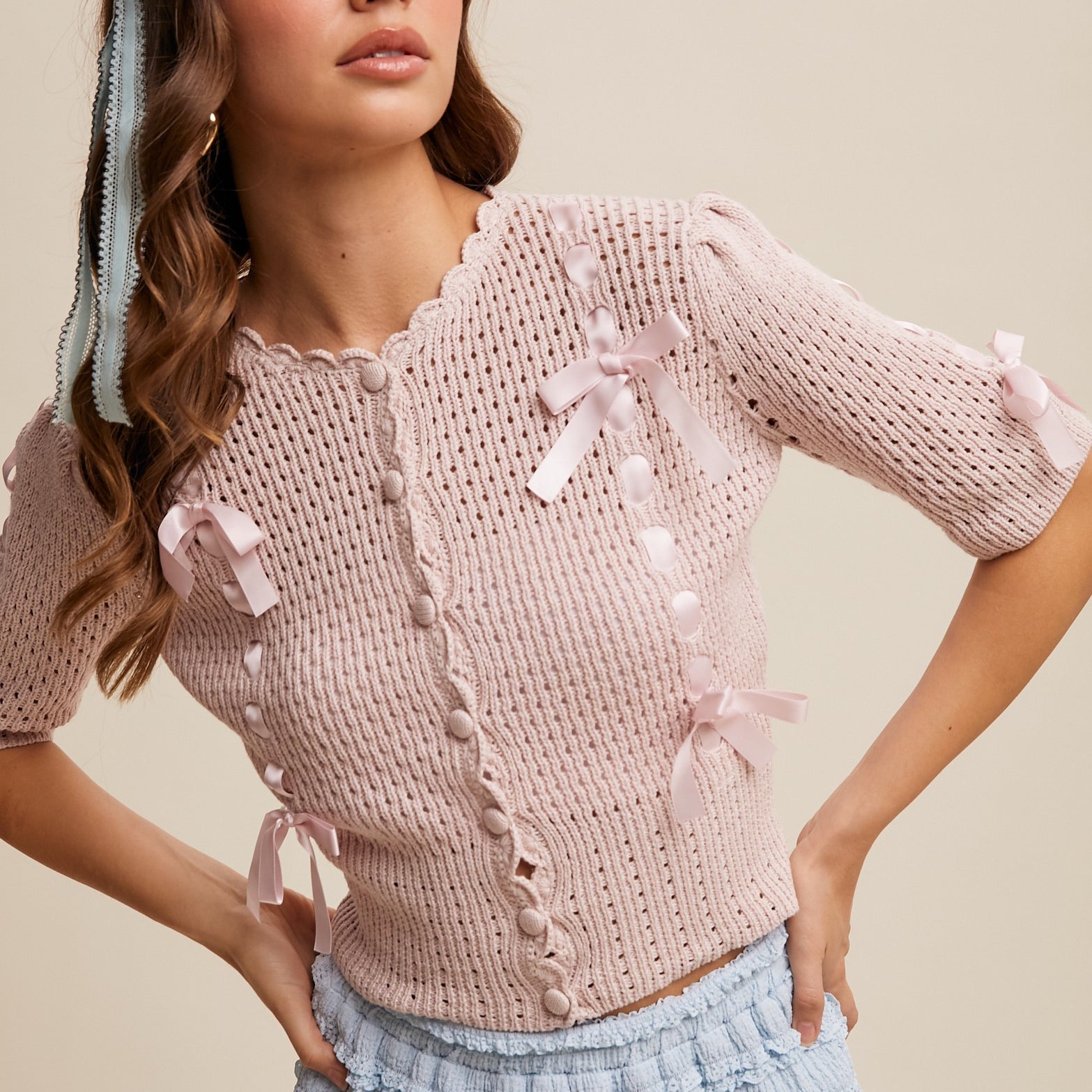 Dollhouse Bow Cardigan in Mute Pink