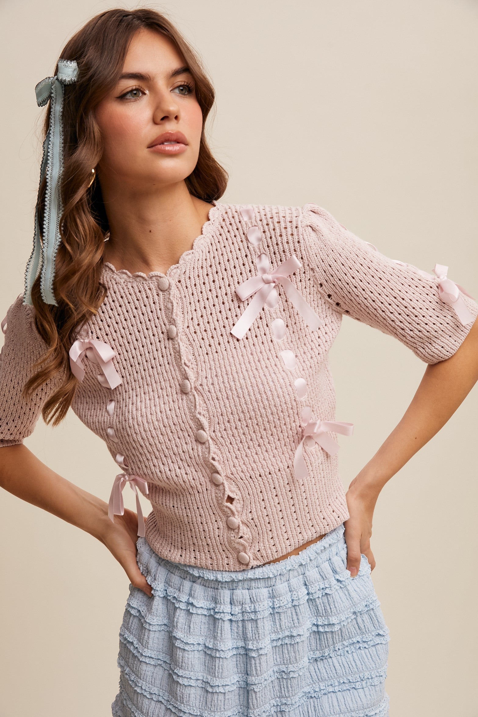 Dollhouse Bow Cardigan in Mute Pink
