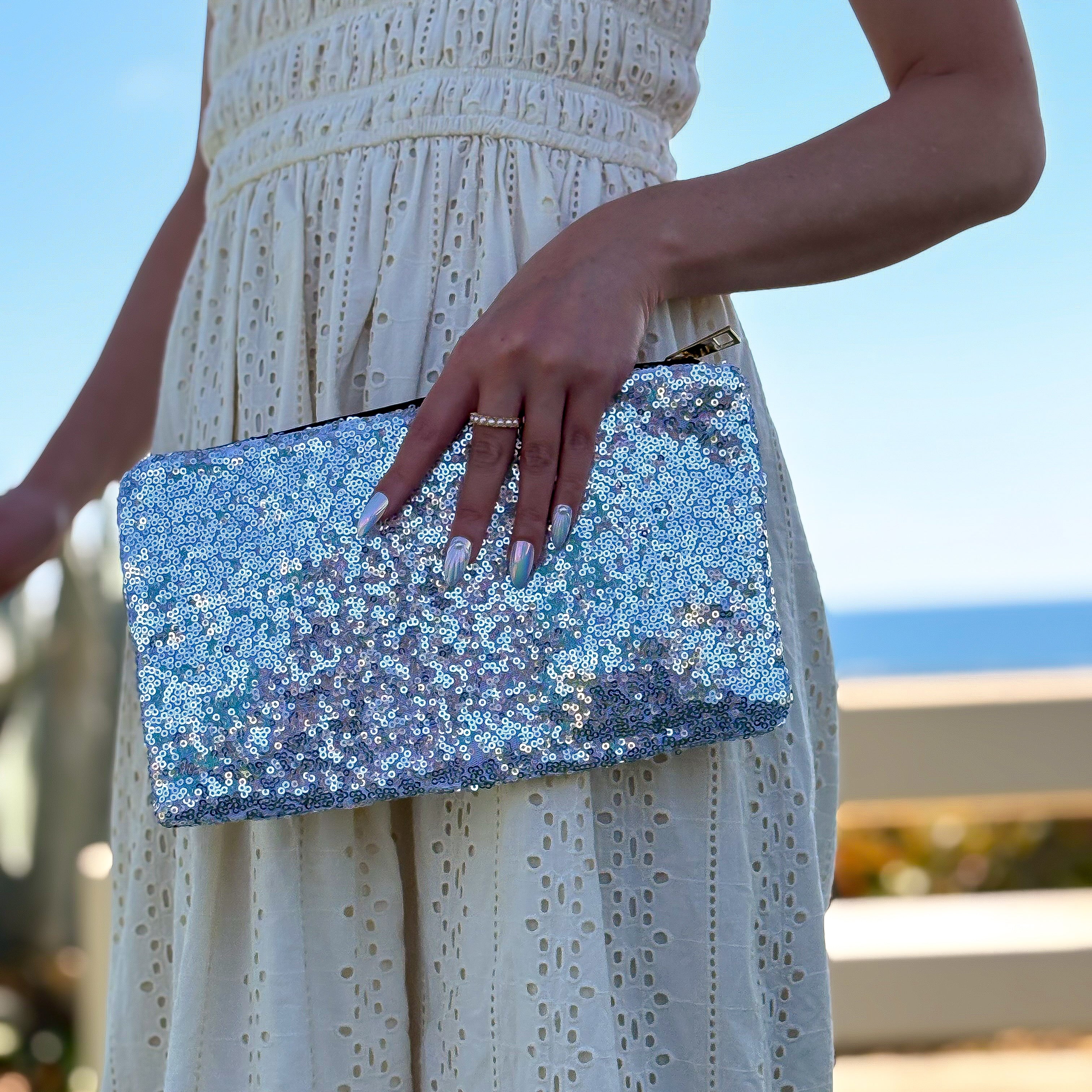 Silver Sequin Tassel Charm Zipper Pouch