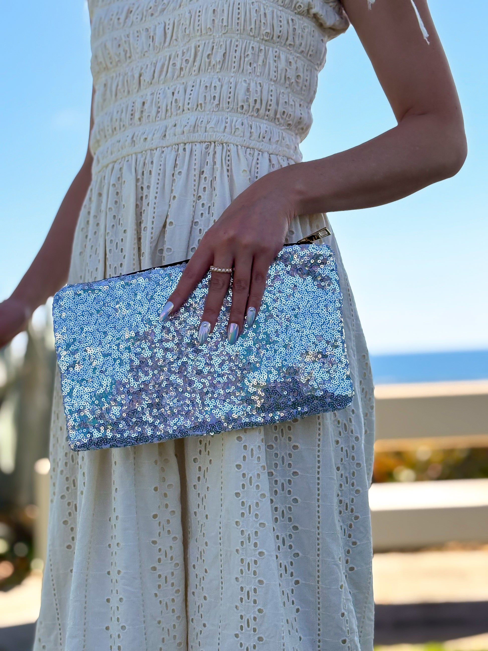 Silver Sequin Tassel Charm Zipper Pouch