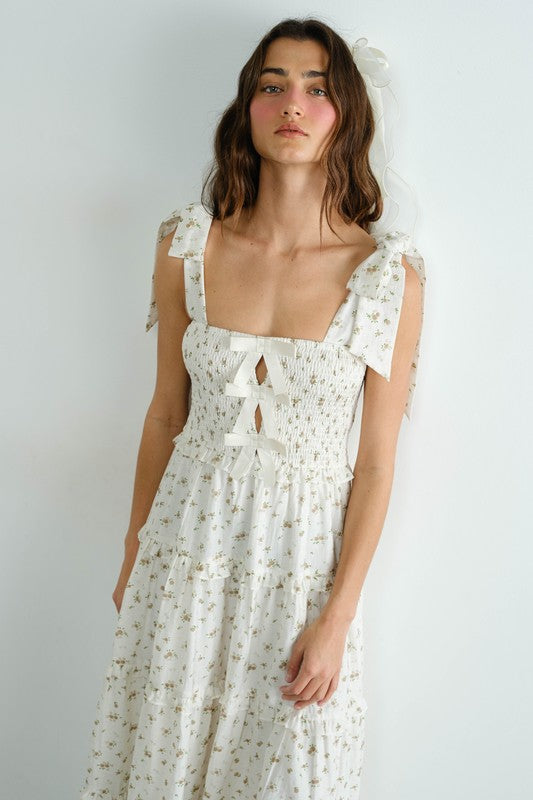 Cotton Ribbon Smocked Ruffle Dress