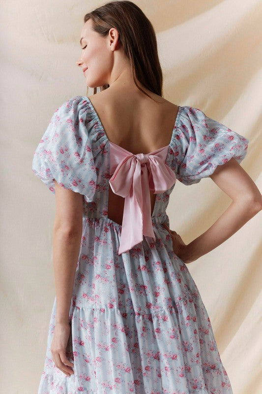 Floral Printed Bubble Sleeve Back Tie Detail Dress