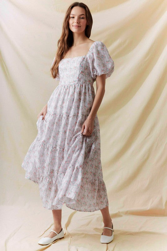 Floral Printed Bubble Sleeve Back Tie Detail Dress