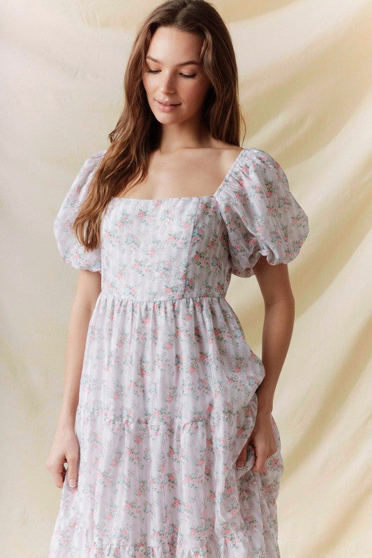 Floral Printed Bubble Sleeve Back Tie Detail Dress