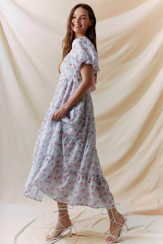 Floral Printed Bubble Sleeve Back Tie Detail Dress