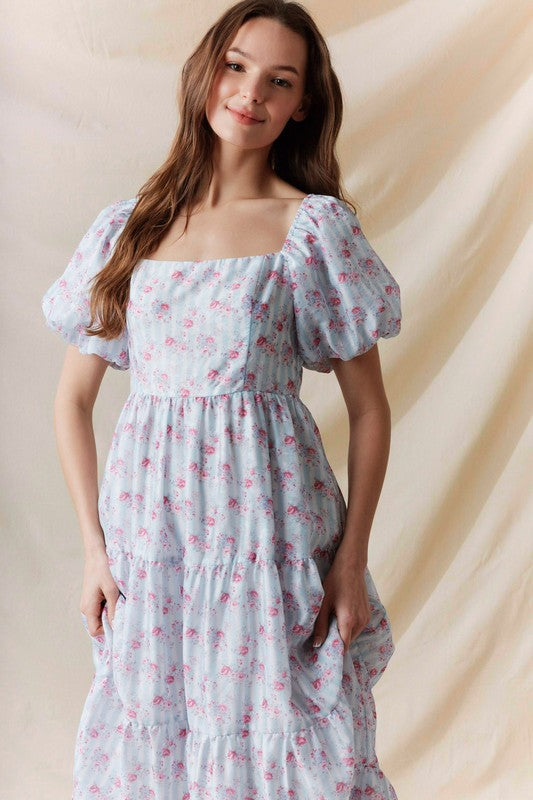 Floral Printed Bubble Sleeve Back Tie Detail Dress