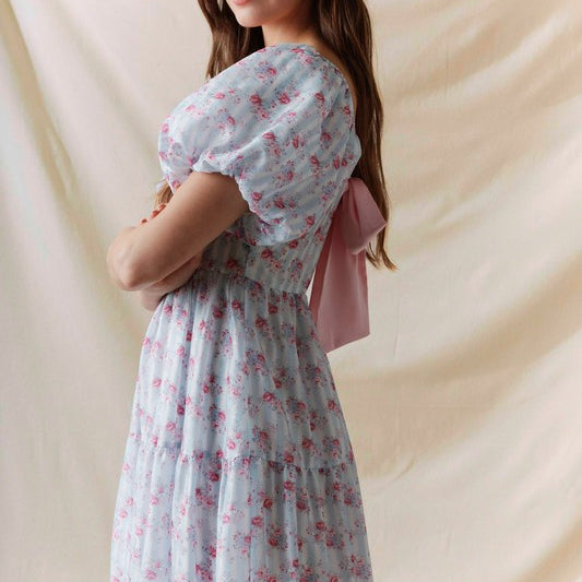 Floral Printed Bubble Sleeve Back Tie Detail Dress