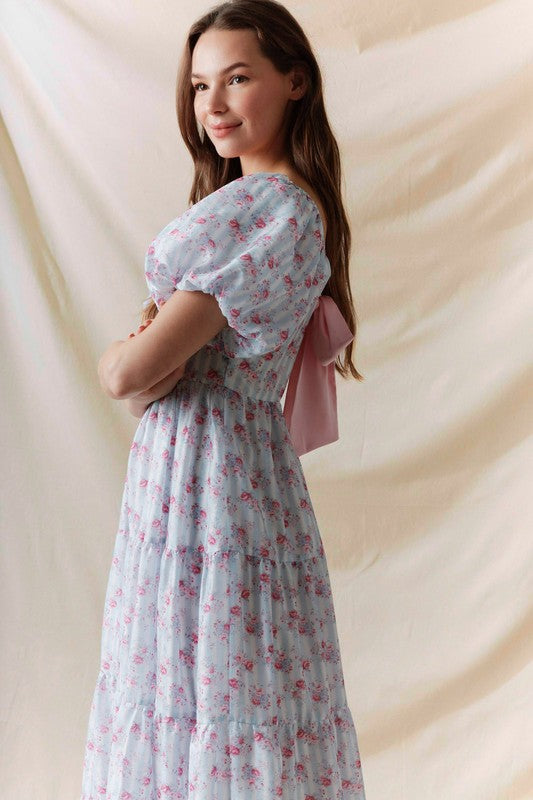 Floral Printed Bubble Sleeve Back Tie Detail Dress