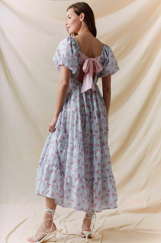 Floral Printed Bubble Sleeve Back Tie Detail Dress