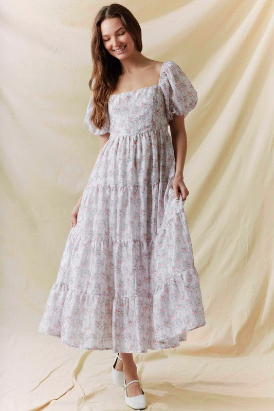 Floral Printed Bubble Sleeve Back Tie Detail Dress