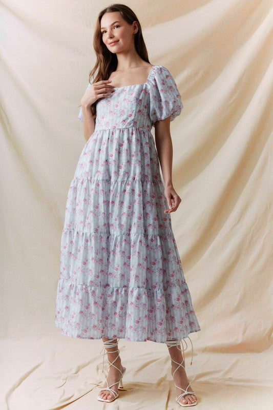 Floral Printed Bubble Sleeve Back Tie Detail Dress