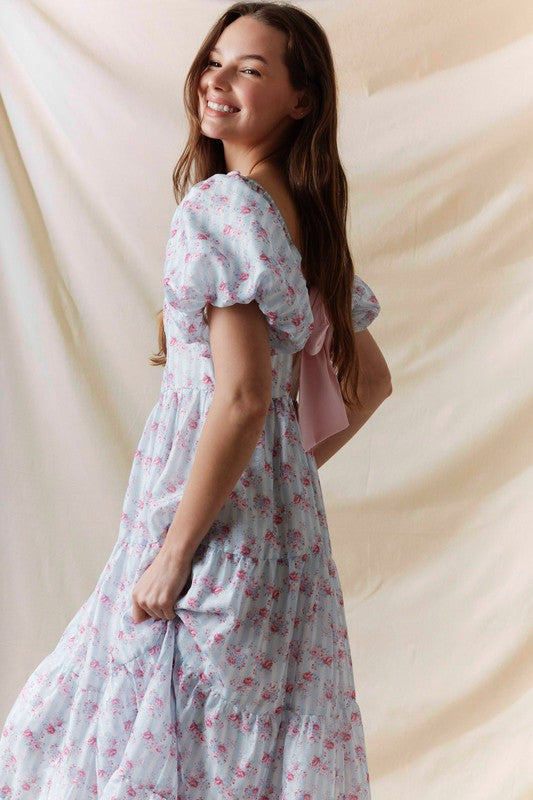 Floral Printed Bubble Sleeve Back Tie Detail Dress