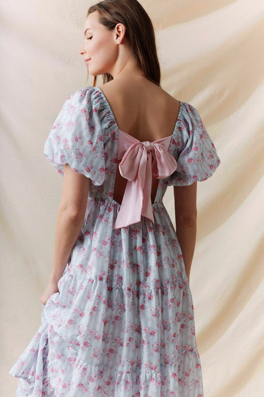 Floral Printed Bubble Sleeve Back Tie Detail Dress