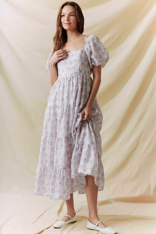 Floral Printed Bubble Sleeve Back Tie Detail Dress