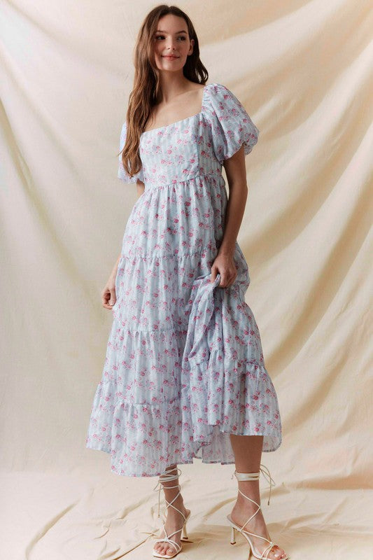 Floral Printed Bubble Sleeve Back Tie Detail Dress