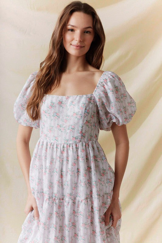 Floral Printed Bubble Sleeve Back Tie Detail Dress