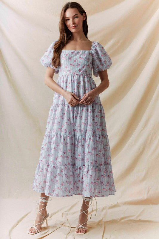 Floral Printed Bubble Sleeve Back Tie Detail Dress