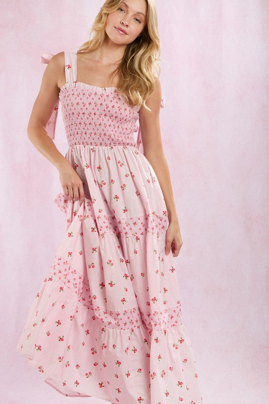 Mixed Floral Print Tie Shoulder Maxi Dress