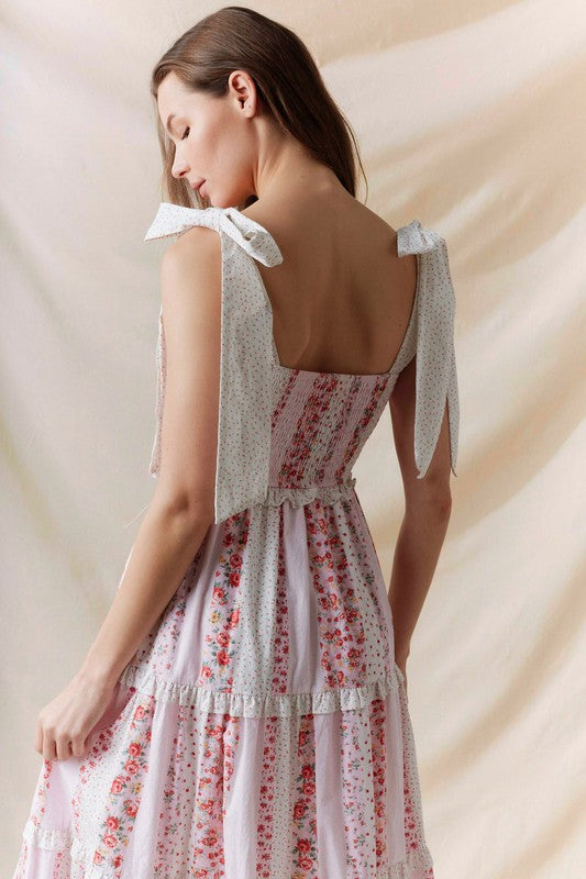 Multi Floral Printed Tie Shoulder Maxi Dress