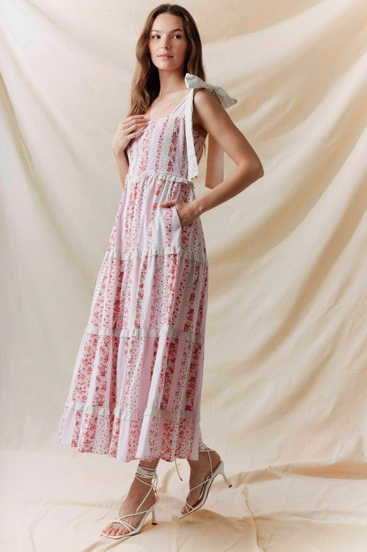 Multi Floral Printed Tie Shoulder Maxi Dress