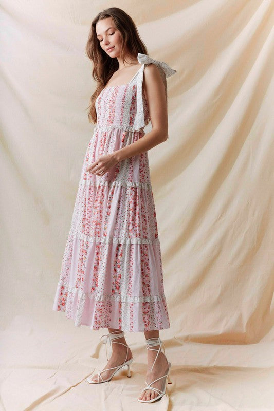 Multi Floral Printed Tie Shoulder Maxi Dress