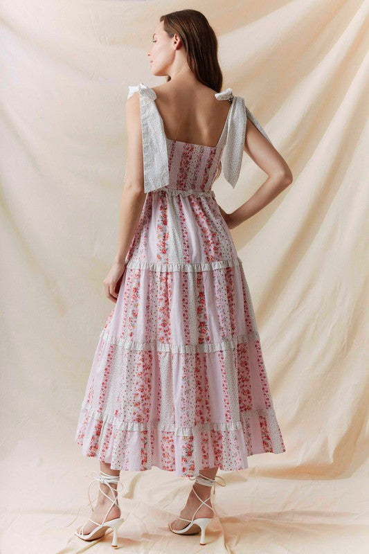 Multi Floral Printed Tie Shoulder Maxi Dress