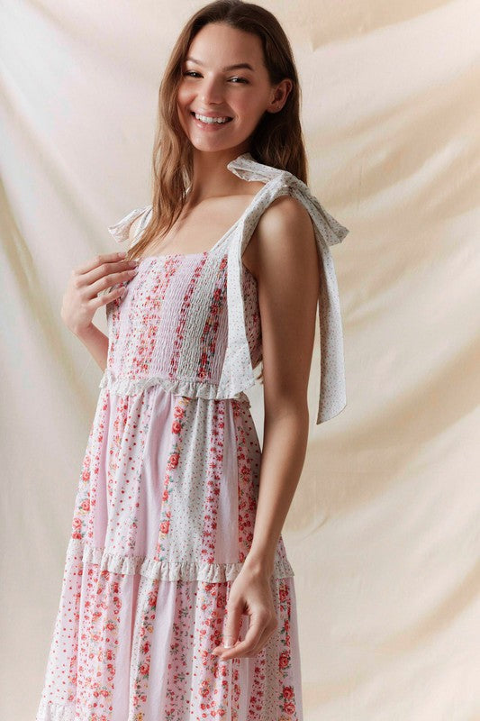 Multi Floral Printed Tie Shoulder Maxi Dress