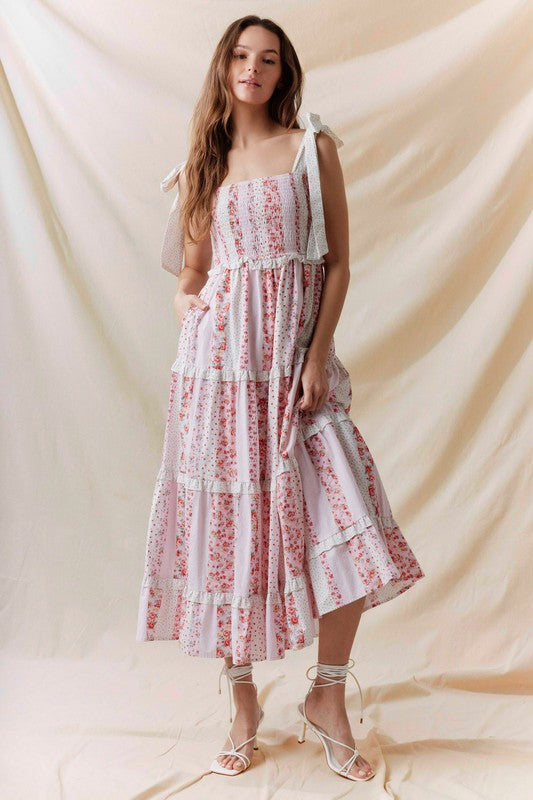 Multi Floral Printed Tie Shoulder Maxi Dress