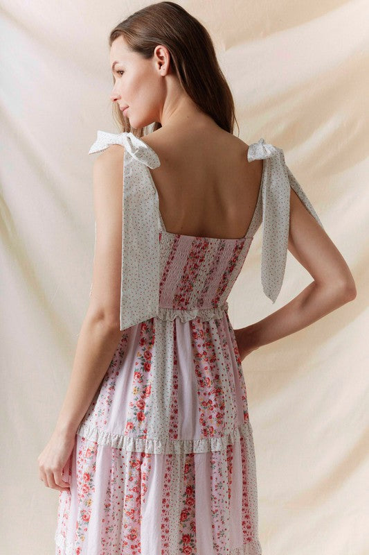 Multi Floral Printed Tie Shoulder Maxi Dress