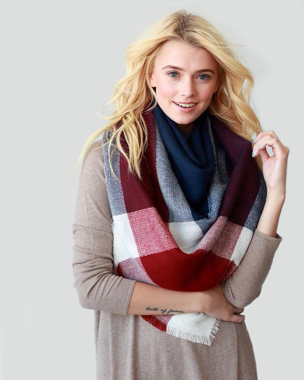 Cozy Days Blanket Scarf (Navy & Red Color Block) - Babe Outfitters