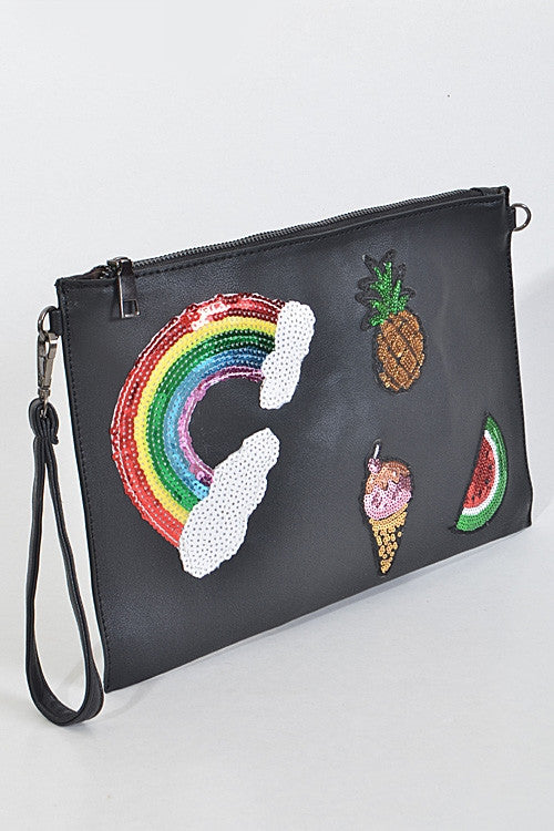 Sequin Patch Zipper Wristlet Clutch (Black) - Babe Outfitters