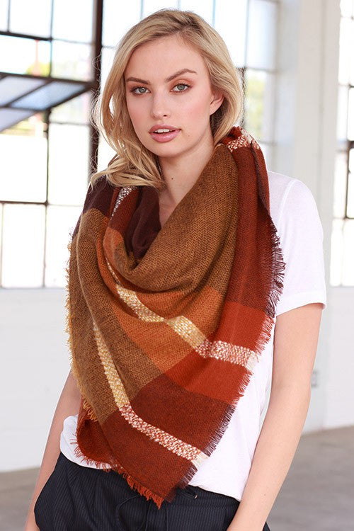 Autumn Feelings Blanket Scarf (Rust & Orange Color Block) - Babe Outfitters
