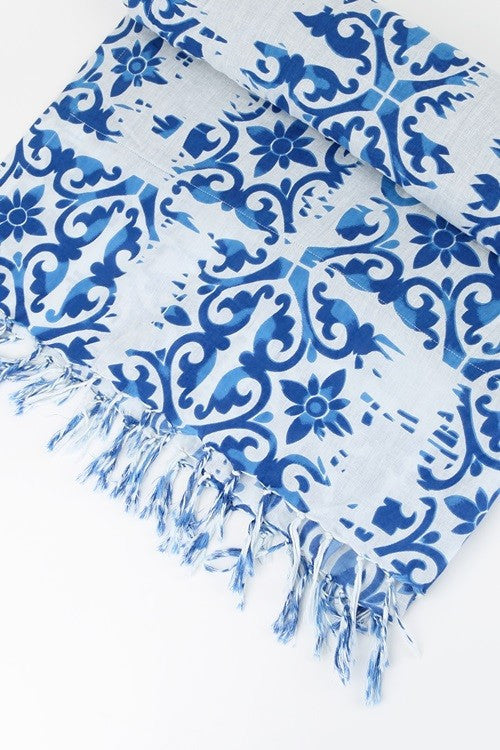 Indian Hand Block Printed Towel (Ocean Damask) - Babe Outfitters