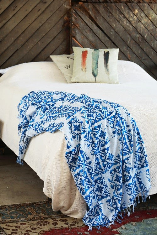 Indian Hand Block Printed Towel (Ocean Damask) - Babe Outfitters