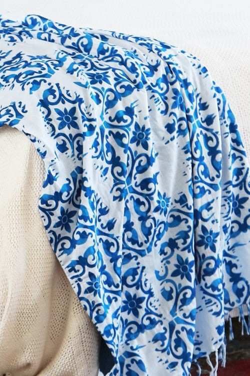 Indian Hand Block Printed Towel (Ocean Damask) - Babe Outfitters